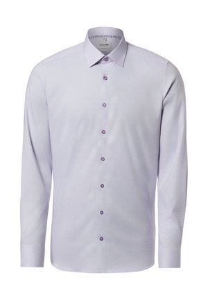 Hellviolettes Herrenhemd mit langen Ärmeln, Knopfleiste, spitzem Kragen und dezent gemustertem innerem Kragenbesatz.