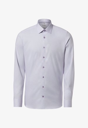 Hellviolettes Herrenhemd mit langen Ärmeln, Knopfleiste, spitzem Kragen und dezent gemustertem innerem Kragenbesatz.