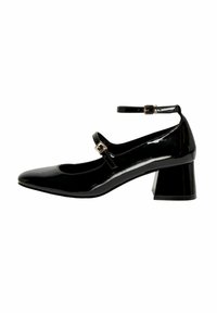 Chaussures Mary Jane en cuir verni noir avec un bout arrondi, une bride à la cheville ajustable et un talon block robuste. Texture lisse et brillante.