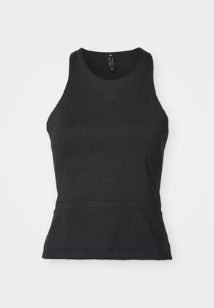 Top de entrenamiento negro con cuello redondo y diseño sin mangas. Fabricado en una tela lisa y elástica. Presenta un logo sutil.