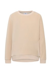 Beżowa bluza wykonana z miękkiego materiału, z okrągłym dekoltem, długimi rękawami oraz nieco dłuższym tyłem z bocznym szwem.