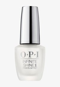 OPI Infinite Shine 1 primer in una bottiglia di vetro trasparente con un tappo argentato. Presenta una forma elegante e un marchio stampato sulla parte anteriore.