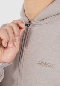 Lichtgrijze zip-up hoodie van zachte stof, voorzien van een hoge kraag, een voorrits en subtiele geborduurde branding op de borst.