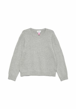 Maglione lavorato a maglia grigio chiaro con collo rotondo, maniche lunghe e bordo a coste. Presenta un piccolo etichetta rosa all'altezza del collo. Tessuto morbido, design semplice.