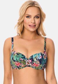 Biustonosz bikini w kwiatowy wzór z fiszbinami, na ciemnym tle z intensywnymi tropikalnymi kwiatami. Regulowane ramiączka i gładki materiał.