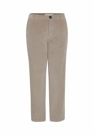 Beige Corduroyhosen mit geradem Schnitt. Verfügt über einen Knopfverschluss, vordere Taschen und eine dezente vertikale Rippstruktur.