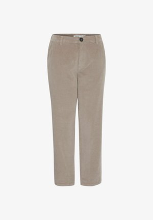 Bežid läikega viigipüksid, millel on sirge lõige. Omab nupuga kinnitust, ees taskuid ja peent vertikaalset soonikut.