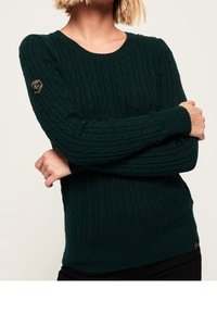 Grüner strukturierter Pullover mit Rundhalsausschnitt, der ein Zopfmuster und ein gesticktes Logo am linken Ärmel aufweist.