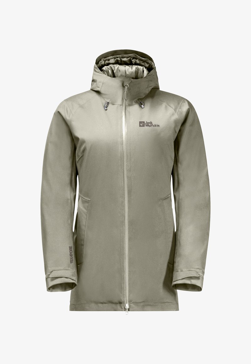 Wasserfeste Jacke aus hellgrauem Stoff, mit einem Frontreißverschluss, verstellbarer Kapuze und zwei Seitentaschen. Markenlogo im Brustbereich.