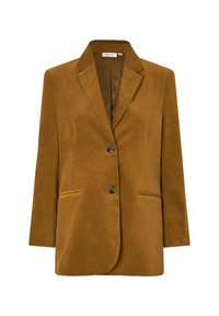 Bruine ribfluweel blazer met een gesneden revers, twee voorkruiken, een enkele knoopsluiting en een gladde binnenvoering.