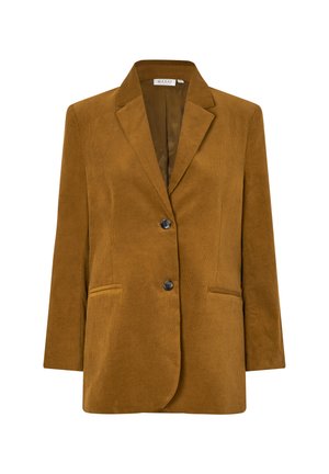 Hnědý kordový blazer s klopovým límcem, dvěma předními kapsami, jedním knoflíkovým zapínáním a hladkou vnitřní podšívkou.