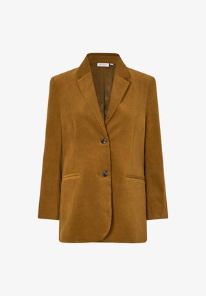 Brown corduroy blazer with a notched lapel, two front pockets, single button closure, and a smooth inner lining.
