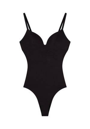 Costume da bagno intero nero con spalline a spaghetti regolabili, scollatura a V profonda, texture liscia e gambe alte per una silhouette elegante.