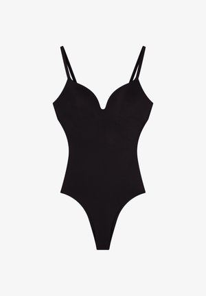 Costume da bagno intero nero con spalline a spaghetti regolabili, scollatura a V profonda, texture liscia e gambe alte per una silhouette elegante.