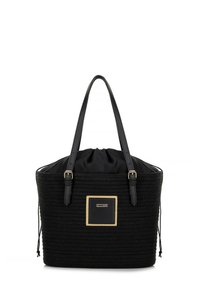 Borsa tote nera con esterno intrecciato e parte superiore in tessuto setoso. Presenta una placca in metallo dorato, due manici piatti e un'apertura arricciata con cordino.