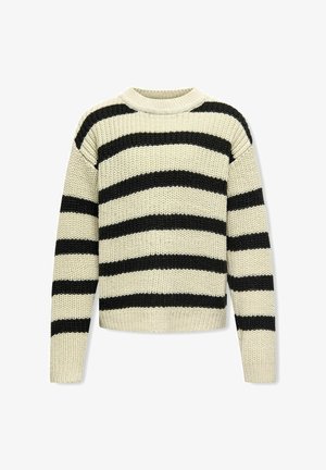 Maglione lavorato a maglia con righe orizzontali crema e nere. Presenta un collo rotondo e maniche lunghe, realizzato in un filato testurizzato.