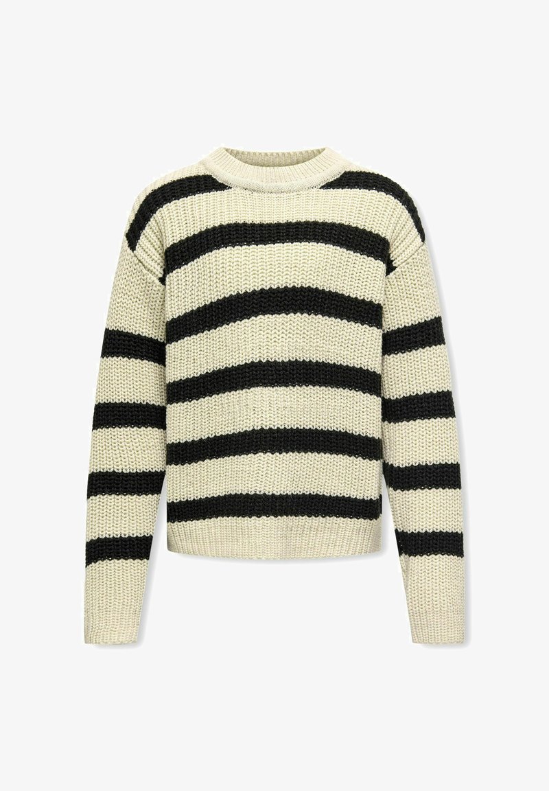 Maglione lavorato a maglia con righe orizzontali crema e nere. Presenta un collo rotondo e maniche lunghe, realizzato in un filato testurizzato.