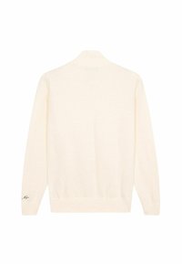 Suéter de crema claro, de mangas largas, con cuello y dobladillo acanalados. Presenta una textura sutil y un detalle bordado en la manga izquierda.