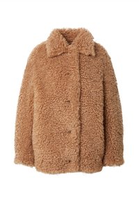 Braune, flauschige, Kunstfelljacke mit einem klassischen Kragen, Knopfverschluss und weiten Ärmeln. Verfügt über eine strukturierte Oberfläche und einen übergroßen Schnitt.
