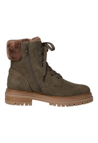 Olivengrüne Wildleder-Stiefel mit einem Kunstfellumschlag, mit Schnürung und seitlichem Reißverschluss sowie einer robusten beigen Gummisohle.