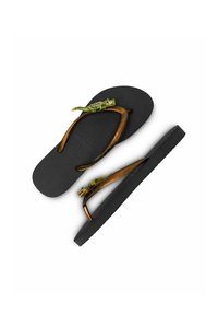 Black rubber flip-flops with textured soles, featuring a brown and green lizard accent on the straps, showcasing detailed embellishments.