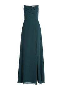Langes, ärmelloses Kleid aus dunkelgrünem Chiffon. Mit einem drapierten Cowled-Ausschnitt und einem Seitenschlitz, der eine luftige Silhouette bietet.