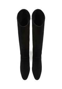Botas altas de ante negro con punta afilada y un diseño sin costuras, que muestran una textura suave y una silueta elegante.