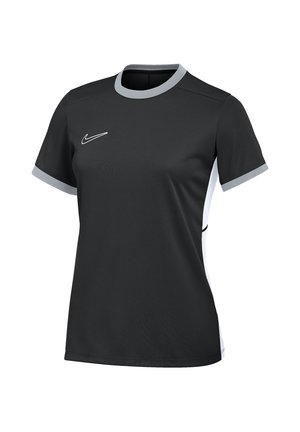Schwarzes Sportshirt mit kurzen Ärmeln, grauem Kragen und Ärmelsäumen, weißen Seitenteilen und kleinem weißem Nike-Swoosh auf der Brust.