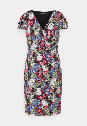 Blumiges Wickelkleid mit schwarzem Hintergrund, verziert mit roten, blauen, weißen und grünen Blumen. Verfügt über kurze Ärmel und ein V-Ausschnitt-Design.