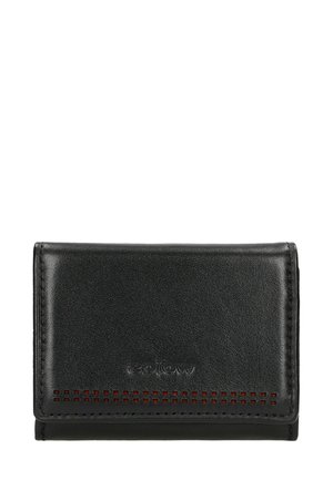 Portafoglio in pelle nera con una texture liscia, forma rettangolare, con una fila di piccoli intagli nella parte inferiore e logo impresso.