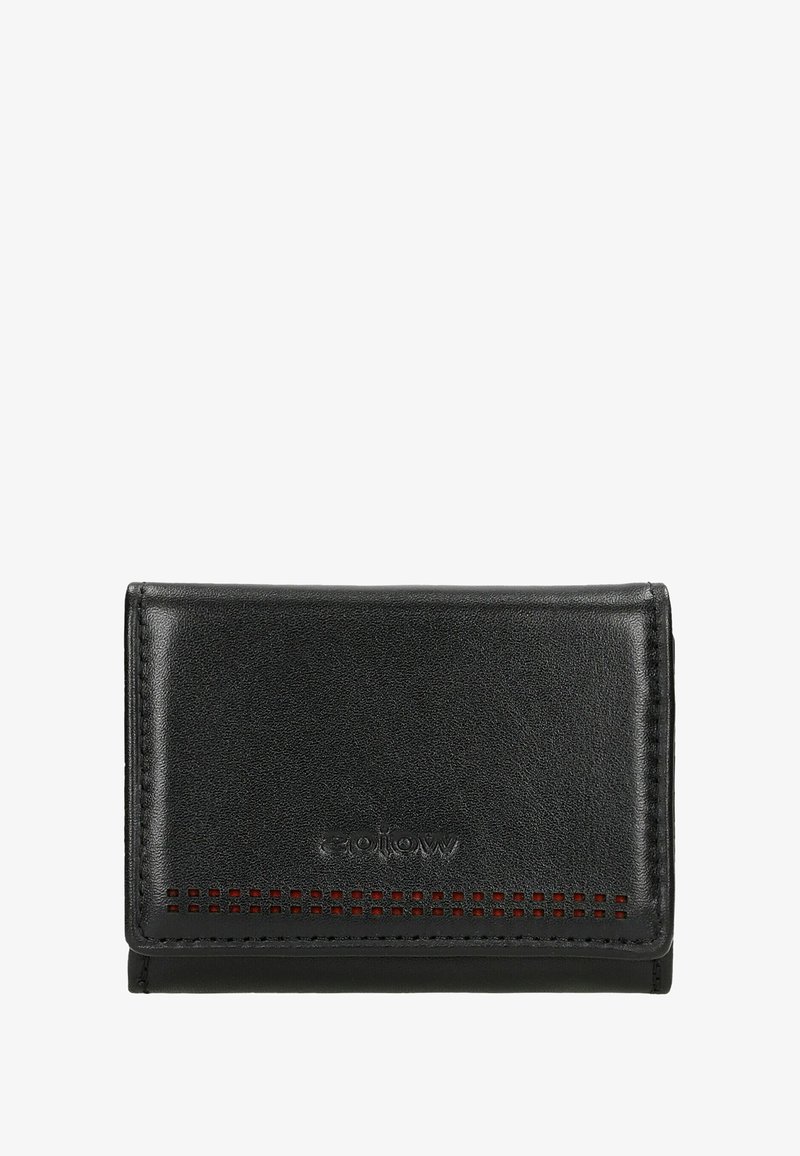 Zwarte leren portemonnee met een gladde textuur, rechthoekige vorm, met een rij kleine uitsparingen aan de onderkant en een geperst logo.