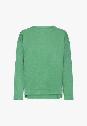 Sudadera verde de manga larga con cuello redondo, ajuste relajado y dobladillo recto.