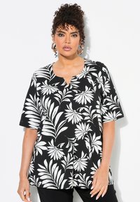 Ulla Popken FLORAL SHORT SLEEVE SPLIT NECK - T-shirt con stampa - black