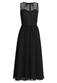 Abito midi nero con busto aderente, top trasparente e texturizzato, design senza maniche e gonna fluida in chiffon. Motivo sottile sul tessuto superiore.