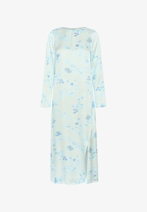 Svetlo modra midi obleka z dolgimi rokavi, ki ima abstrakten cvetlični vzorec v temnejši modri barvi. Vključuje stranski razporek za lažje gibanje.