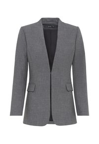 Šedé sako s texturovaným povrchem, zapínáním na jeden knoflík, klopovým límcem a dvěma předními kapsami. Střižené na míru s nevystlaným vnitřkem.
