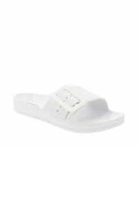 Sandal in plastica liscia, bianco, con una grande fibbia quadrata e una fascia perforata, dotato di una suola imbottita per il comfort.