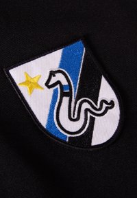 Geborduurd patch in de vorm van een zwart-wit schild, met een blauwe streep, een gele ster en een gestileerd slangontwerp in het zwart.