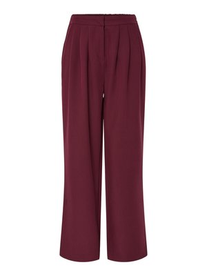 Burgundia värvi laiad püksid, millel on ees voldid ja elastne vöökoht. Sile tekstuur, täispikk disain.
