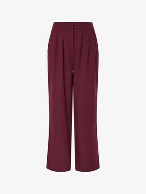 Wijd-uitlopende broek in bordeauxrode stof, met voorplooien en een elastische tailleband. Gladde textuur, full-length ontwerp.