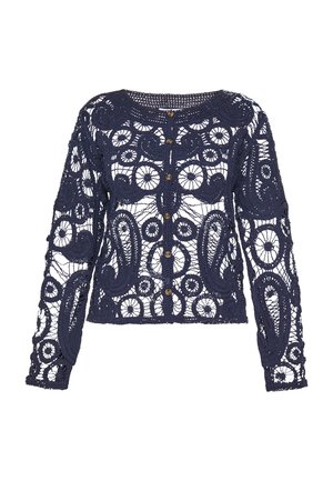 Navyblaue Spitzenstrickjacke mit aufwendigen Paisleymustern, langen Ärmeln, einem runden Ausschnitt und Knöpfen auf der Vorderseite.