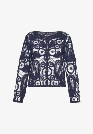 Tamsiai mėlynas nėrinių kardiganas su sudėtingais paisley raštais, ilgomis rankovėmis, apvali iškirpte ir mygtukais priekyje.