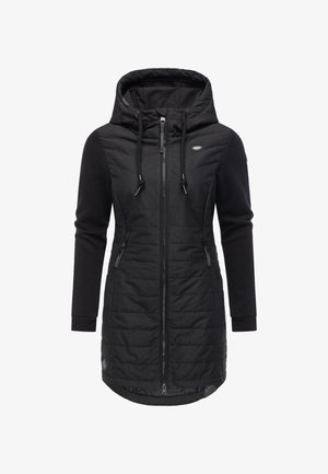 Schwarze Kapuzenjacke mit gesteppter Vorderseite, Reißverschluss und Seitentaschen. Materialmix aus weichem Strick und isolierten Einsätzen.