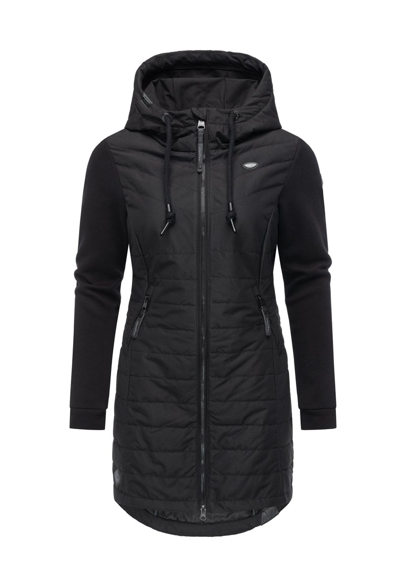 Juoda gobtuvu striukė su siuvinėta priekyje, užtrauktuku uždarymu ir šoninėmis kišenėmis. Audinių mišinys apima minkštą mezginį ir izoliuotas plokšteles.