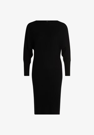 Schwarzes, gestricktes Midi-Kleid mit langen Ärmeln, weitem Ausschnitt und taillierter Silhouette.