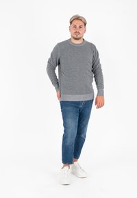 Maglione grigio a maglia con scollatura rotonda e polsini a costine, abbinato a jeans in denim blu e sneaker bianche, in piedi contro uno sfondo bianco.