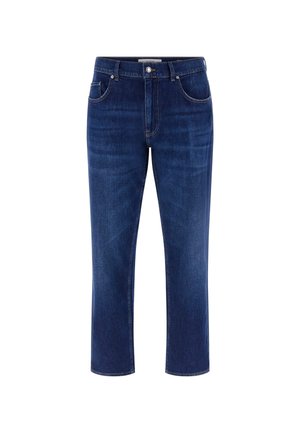 Donkerblauwe denimjeans met een rechte pijp, voorzien van vijf zakken, een knoop- en ritssluiting, en subtiele whisker-details.