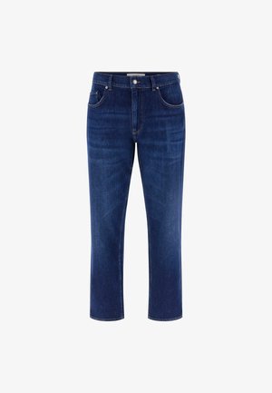 Donkerblauwe denimjeans met een rechte pijp, voorzien van vijf zakken, een knoop- en ritssluiting, en subtiele whisker-details.