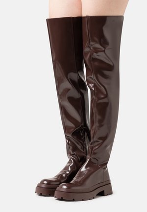 Botas de muslo altas en color marrón brillante con una suela de plataforma gruesa, presentando una cremallera lateral para un ajuste fácil y una textura suave y elegante.