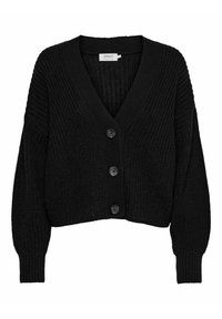 Cardigan noir en tricot avec un col en V, des manches longues et quatre boutons à l'avant. Tissu texturé avec des accents côtelés sur les manches.